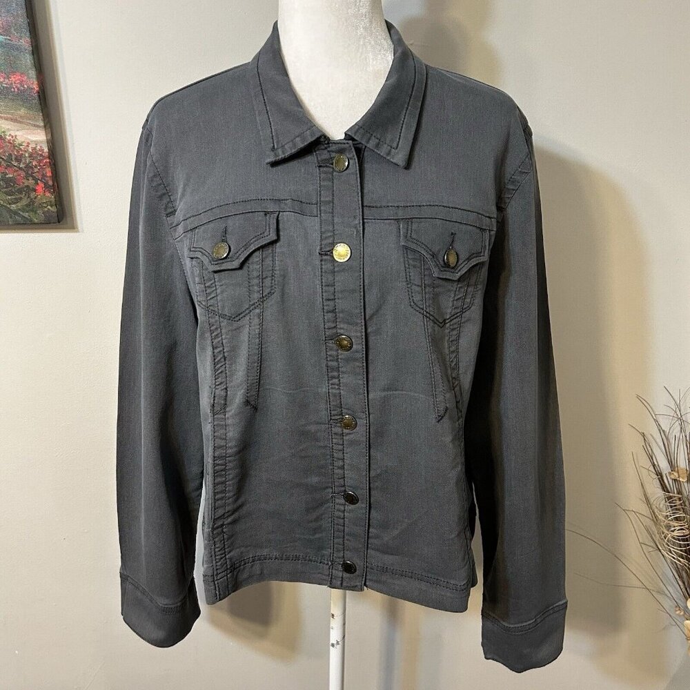 FDJ French Dressing Women Gray Jean Jacket Size XL Gold Button Front Stretch EUC